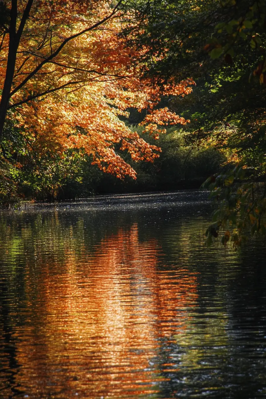 Soft low light over water and swaying forest trees