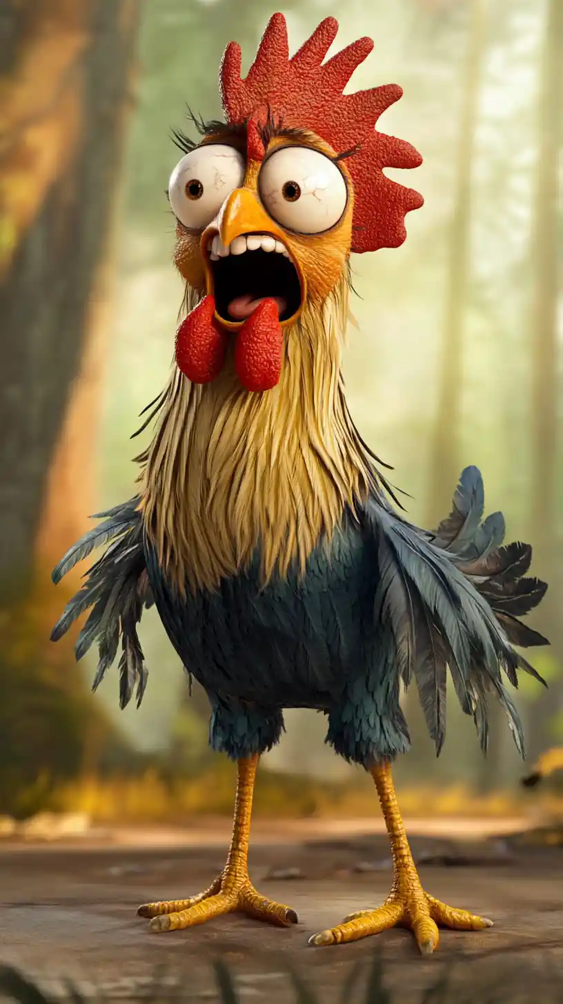 Chaotic cartoon rooster screaming in birch forest