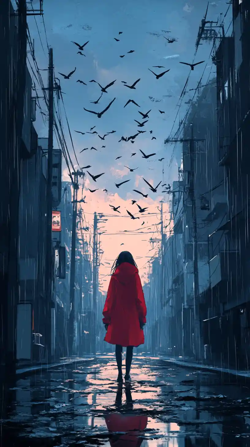 Woman in red coat on rainy anime city street at dusk