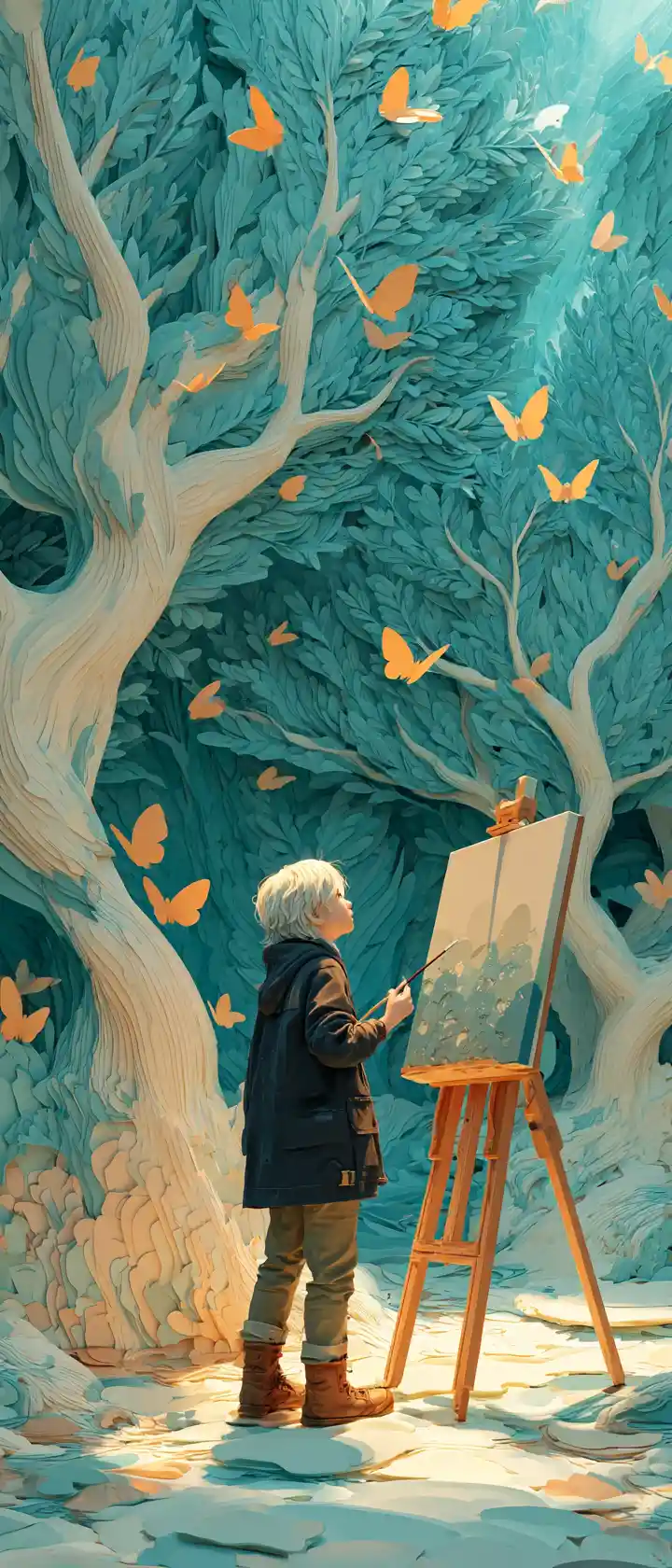 Anime artist amazed by living 3d papercut forest painting
