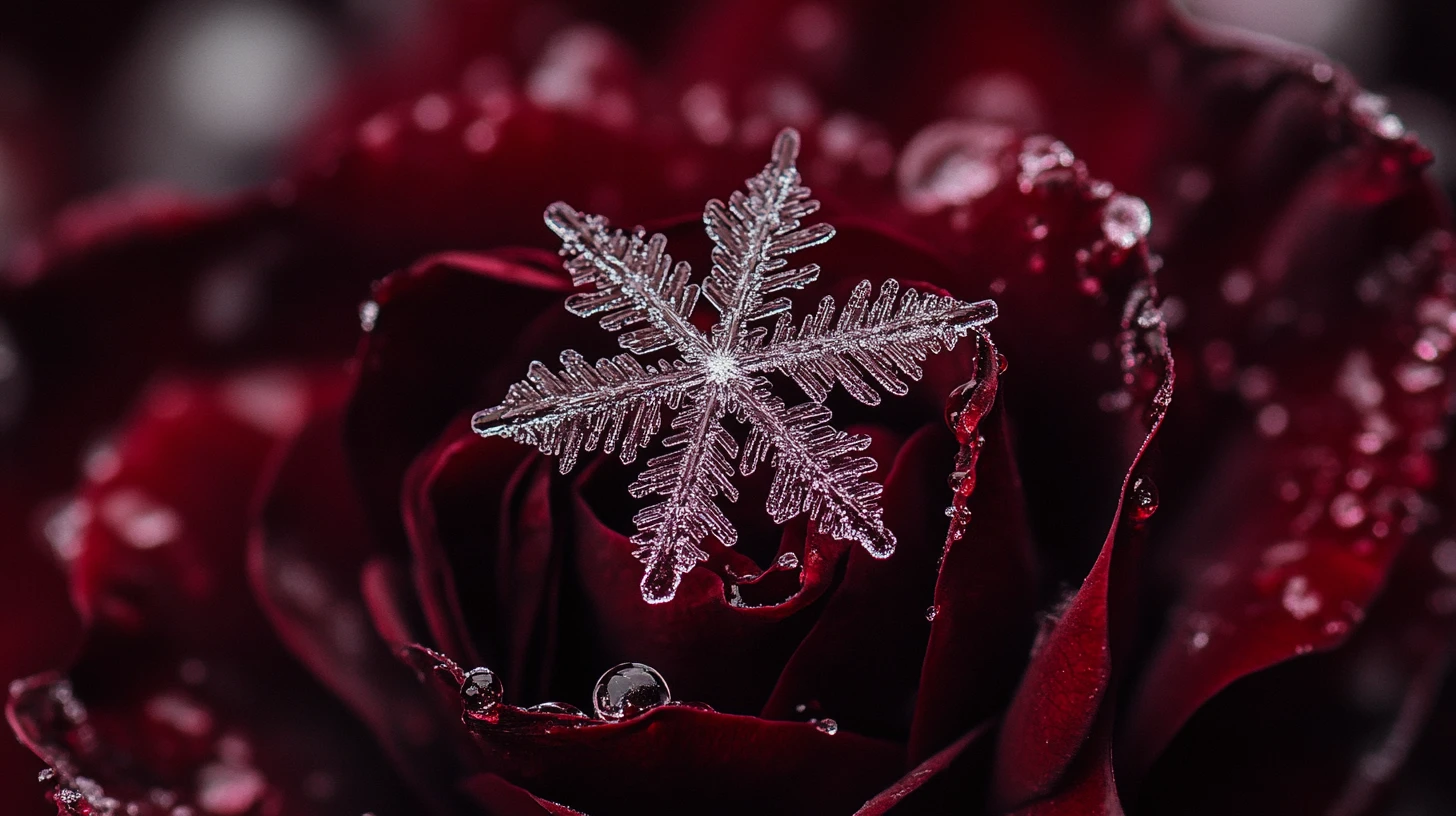 Macro snowflake on dark frozen rose petal fantasy