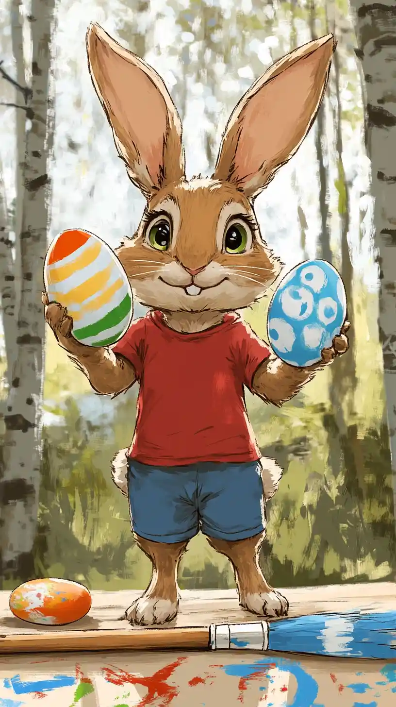 Cute Easter rabbit holding painted eggs in a forest