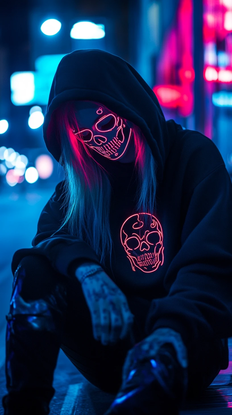 Streetwear model in black hoodie at night city scene
