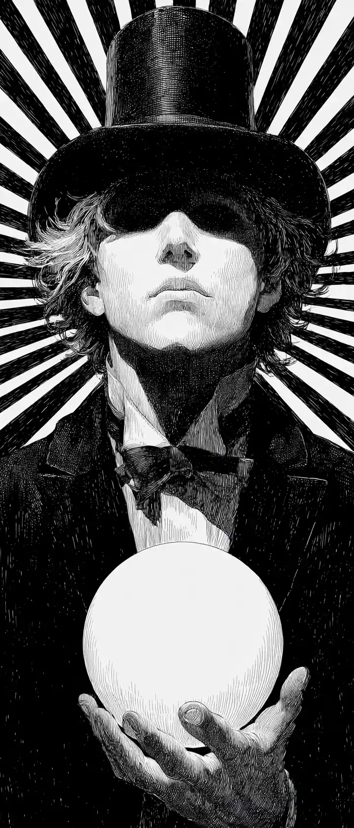 Mago anime con sfera di op art fluttuante sul palco