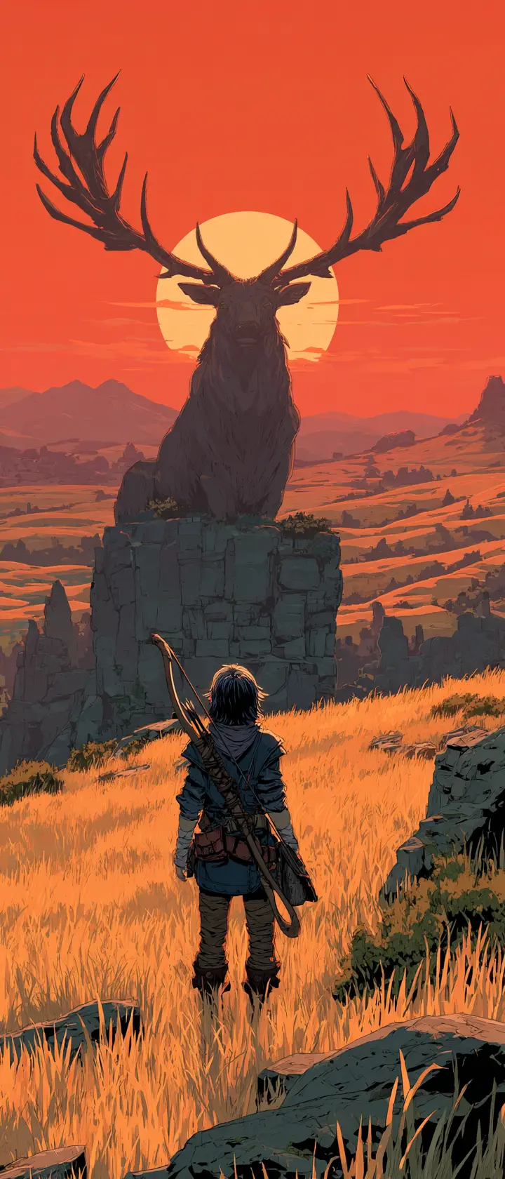 Anime archer on a cliff at sunrise with glowing stag