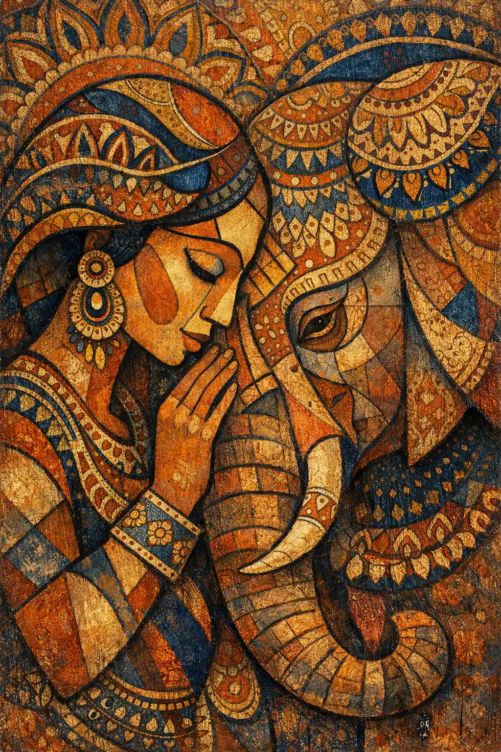Abstract woman and elephant sharing a quiet spiritual connection