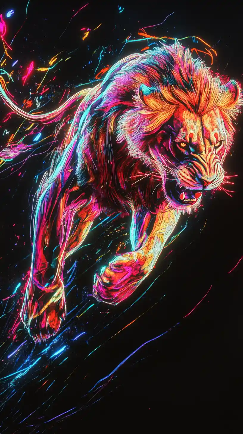 Majestic lion leaping against a neon lit dark background
