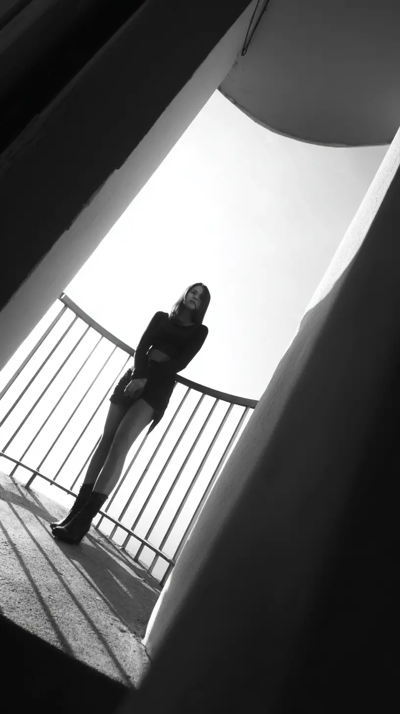 Woman standing on balcony seen from dramatic low angle