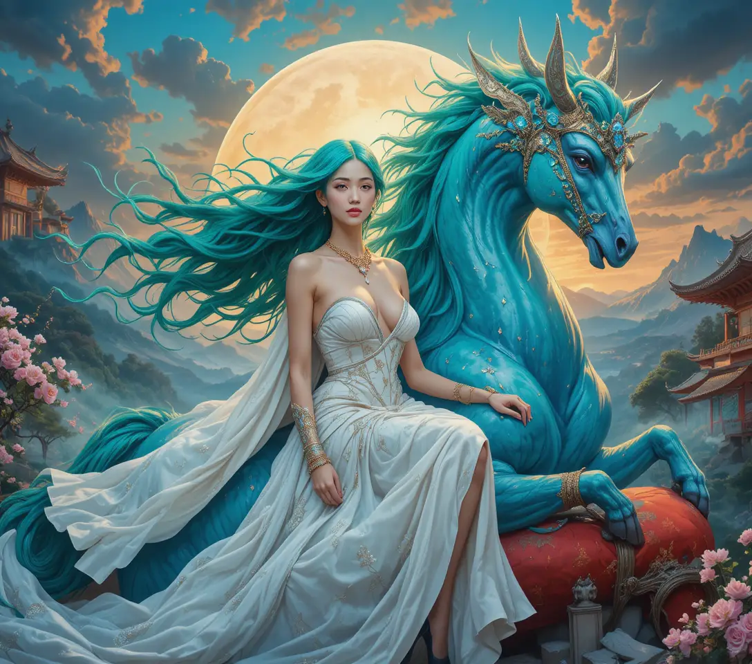 Donna eterea che cavalca un pegaso alato al tramonto
