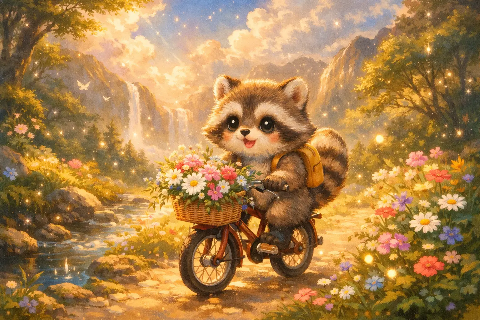 Cute baby raccoon riding a bicycle with flowers