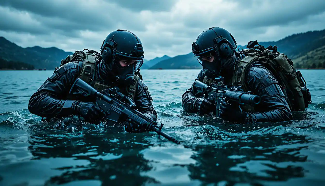 Underwater soldiers advancing through a tense tactical lake mission