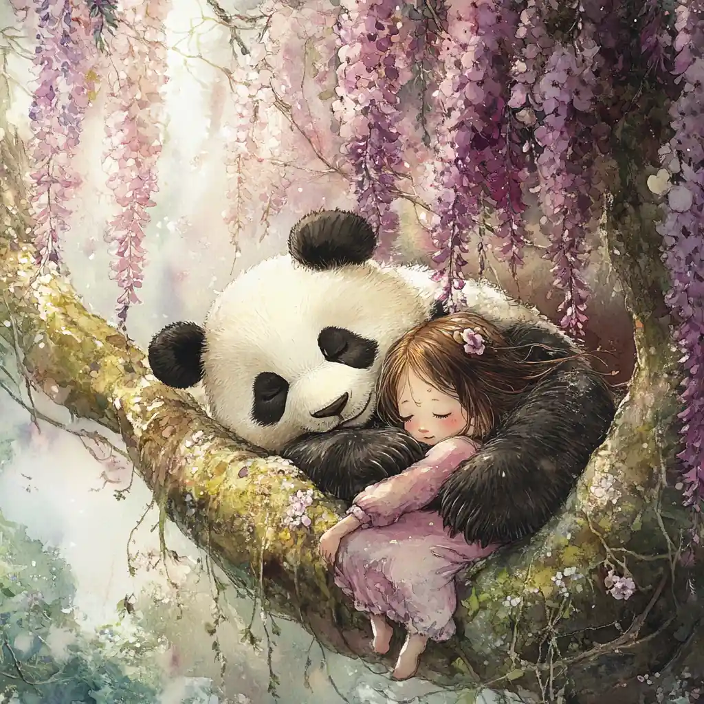 Girl And Panda Sleeping On Mossy Branch Under Wisteria