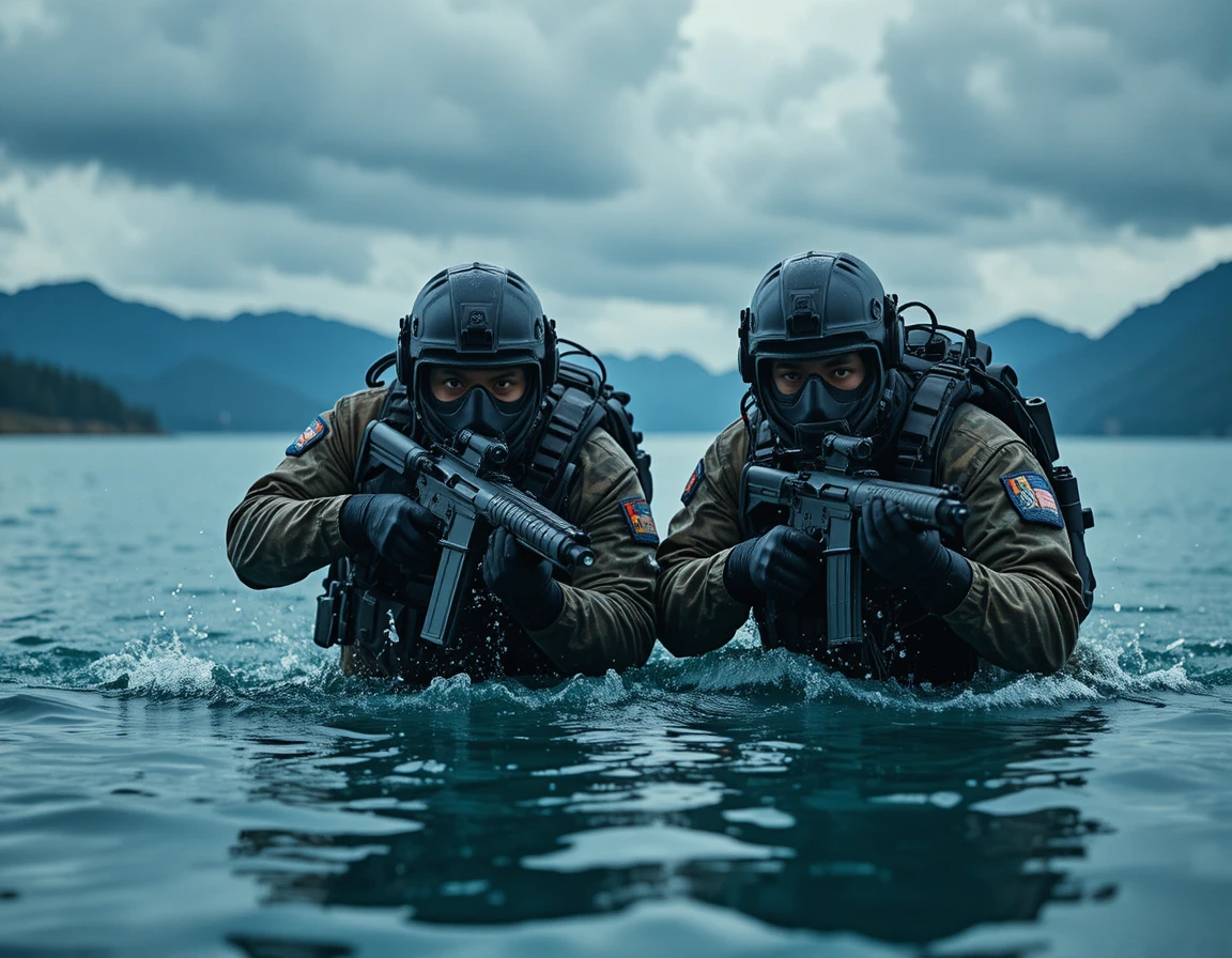 Underwater soldiers in tactical combat training lake scene