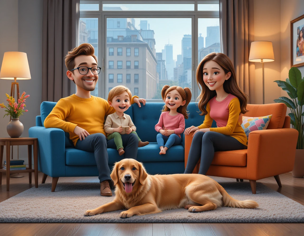 Famille heureuse se relaxant ensemble dans un salon moderne et chaleureux