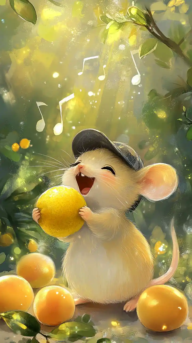 Cheerful mini mouse singing with fruit in a spring forest