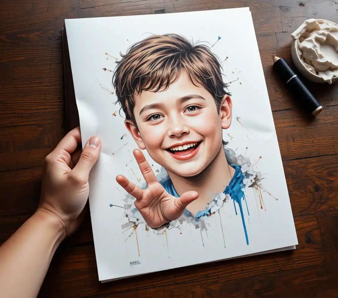 Ragazzo che esce dal foglio in un realistico disegno a matita