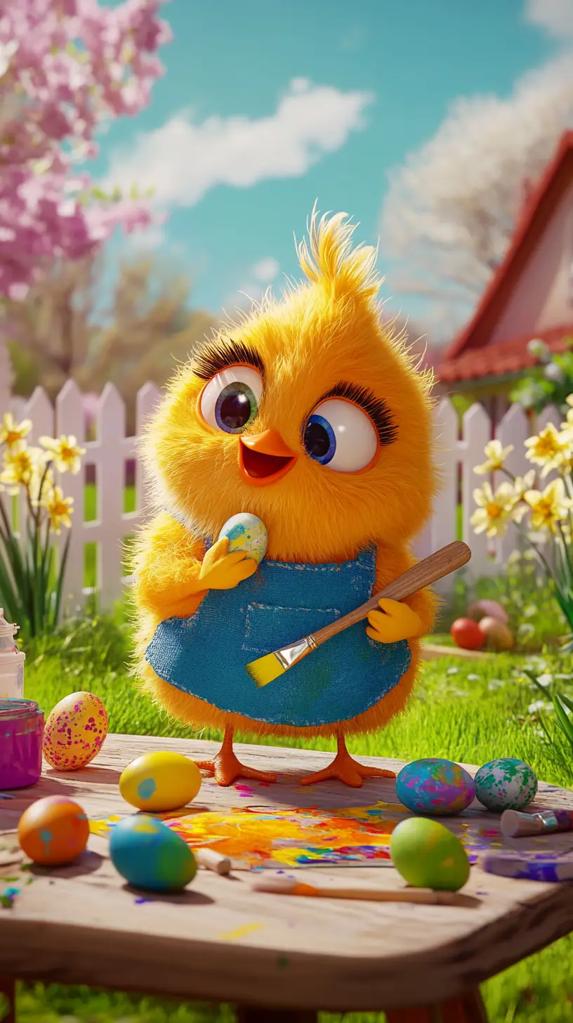 Cute yellow chicken painting in a colorful flower garden