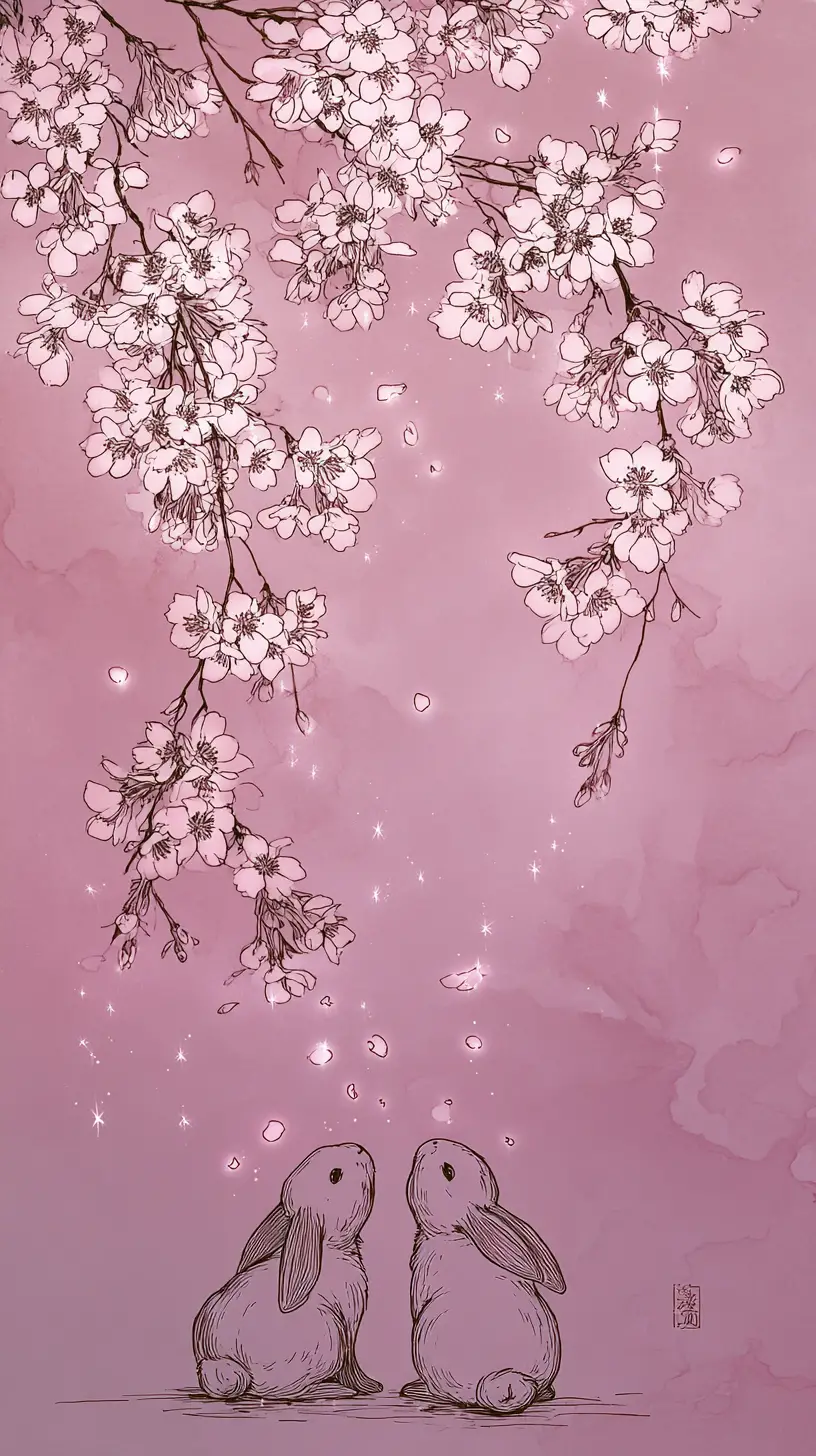 Rabbits Watching Falling Sakura Petals In Glowing Line Art