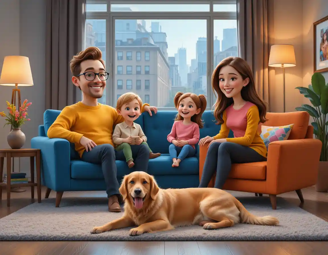 Happy family relaxing together in a cozy modern living room