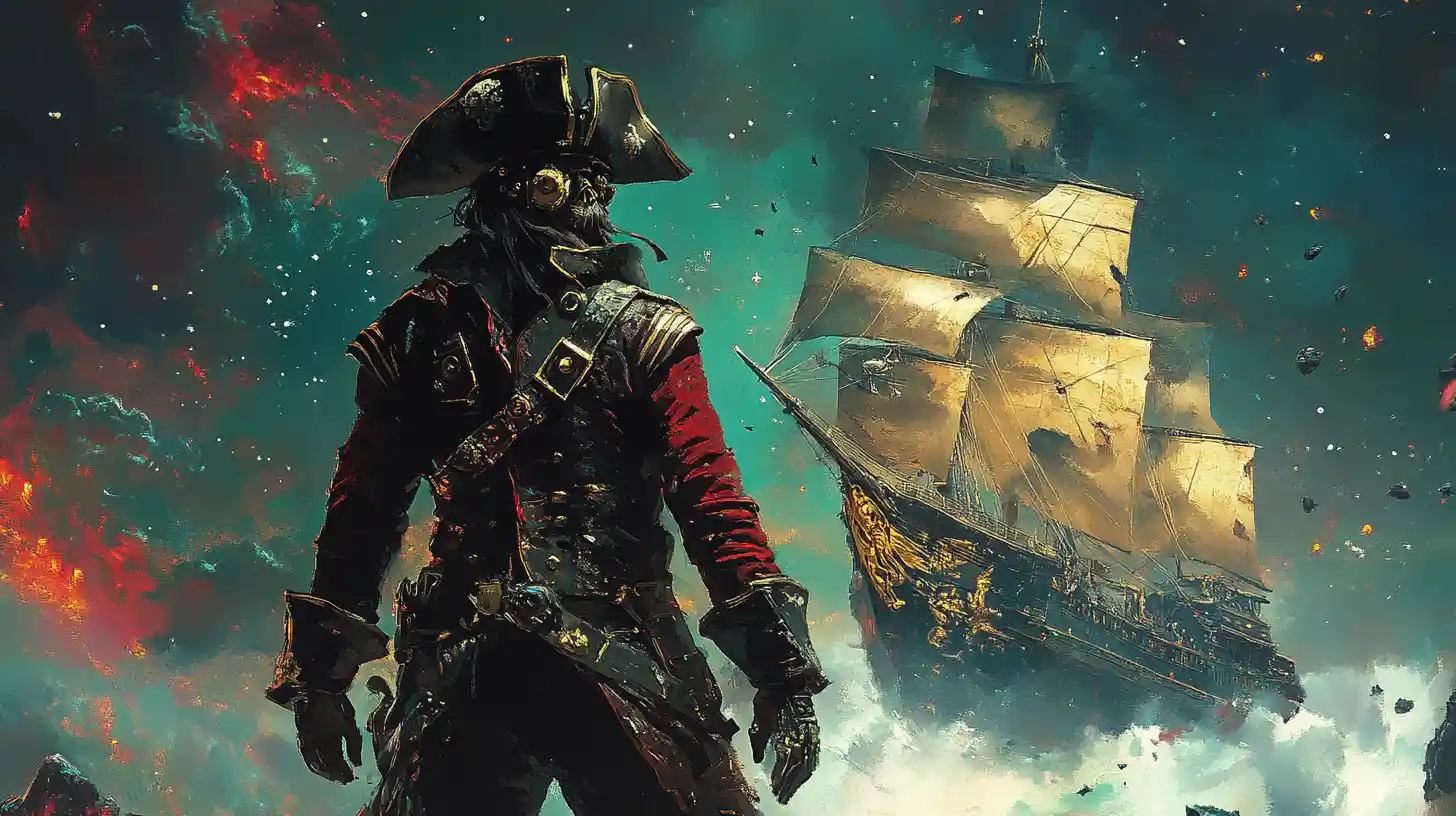 Cybernetic space pirate captain before a vast hybrid starship