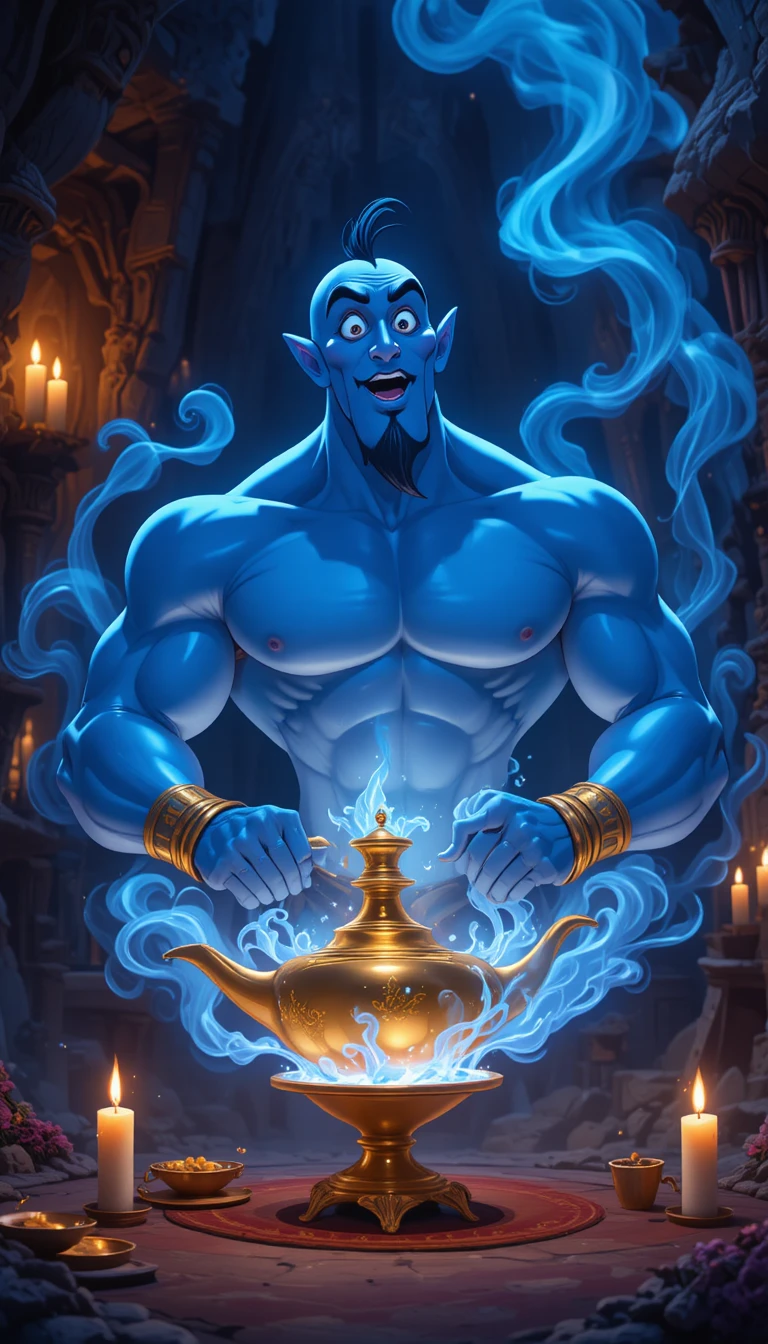 Blue genie rising from golden lamp in treasure cave