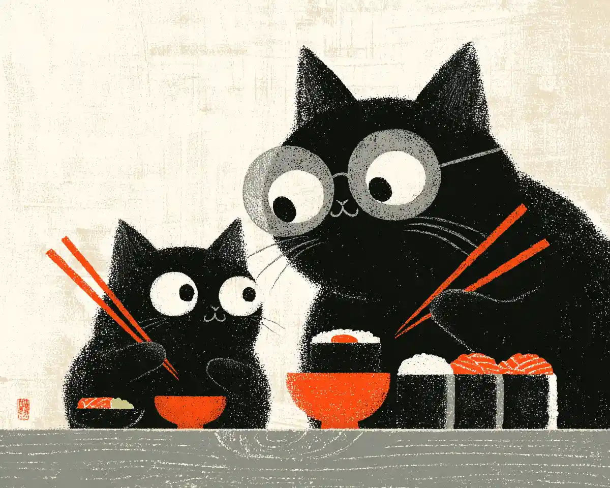 Cartoon parent and child cats sharing sushi together