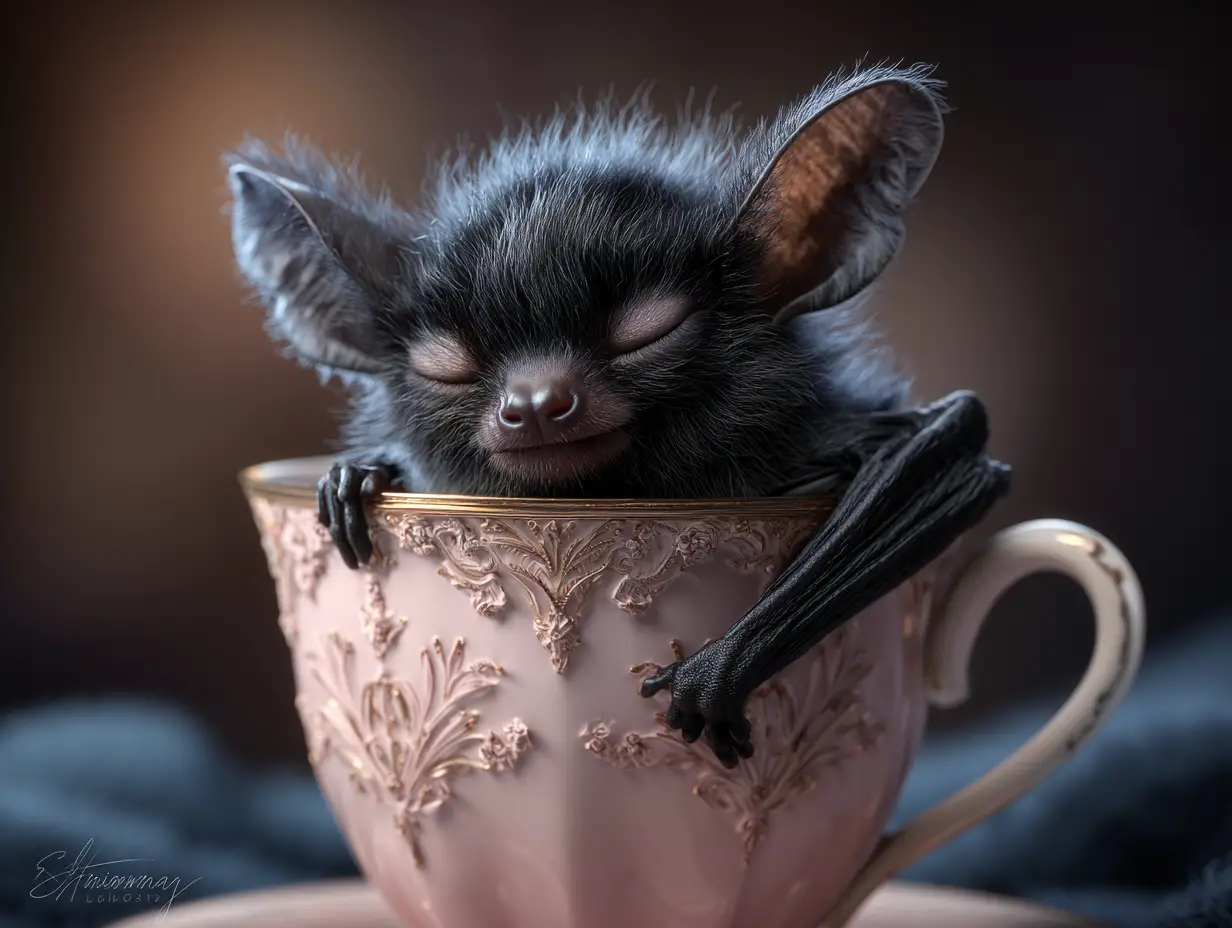 Cute bat hugging a large coffee cup illustration