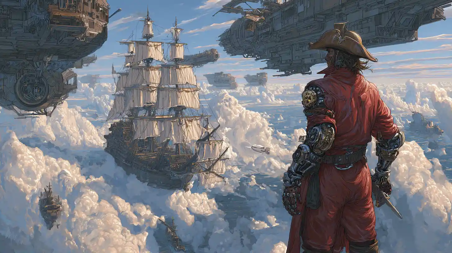 Space pirate captain with cybernetic arms before vast ship