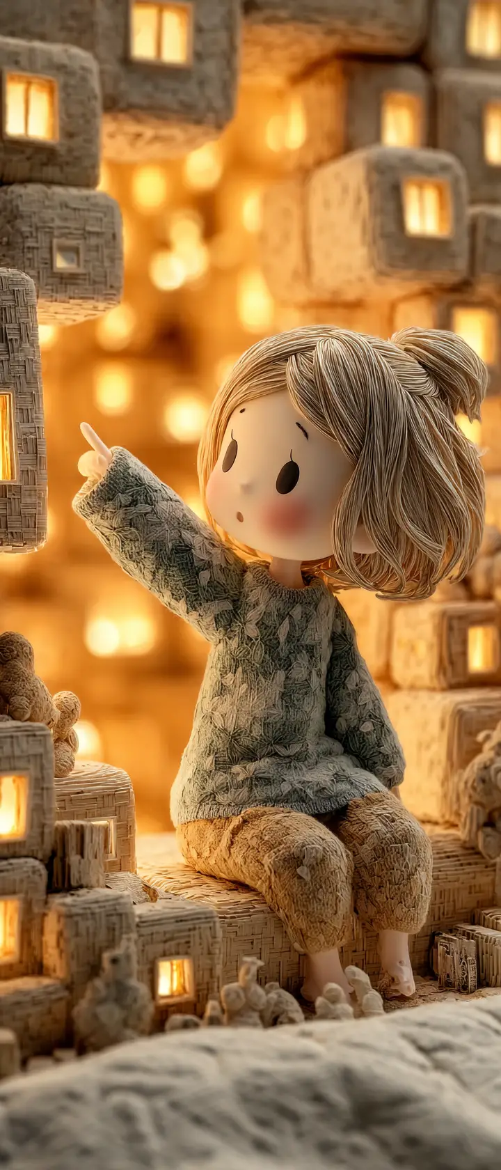 Bambino anime in una camera di carta che indica la città notturna