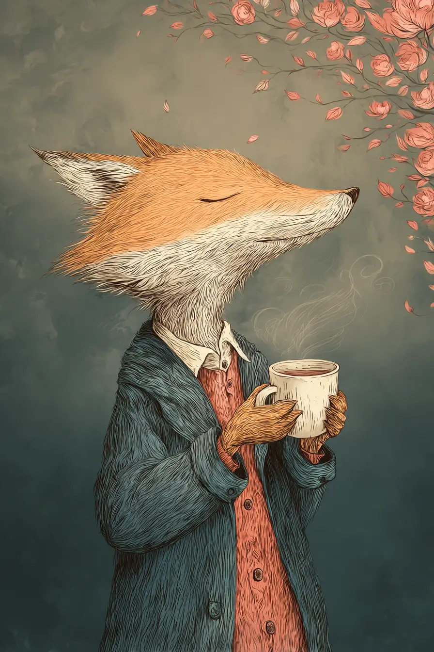 Charming fox enjoying coffee in fantasy illustration