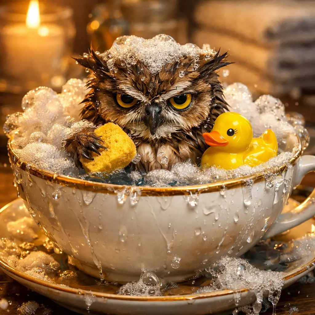 Grumpy Tiny Owl Taking A Bath In A Teacup