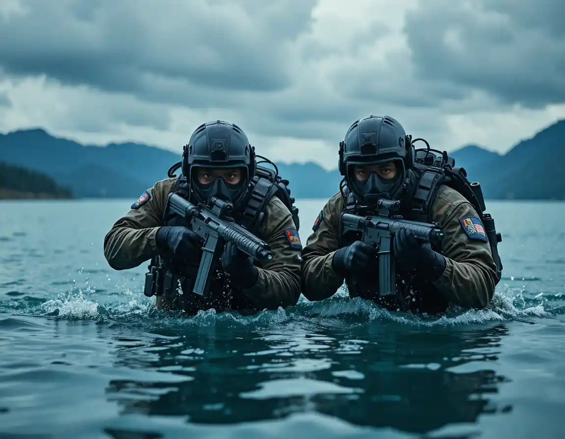 Underwater soldiers in tactical combat training lake scene