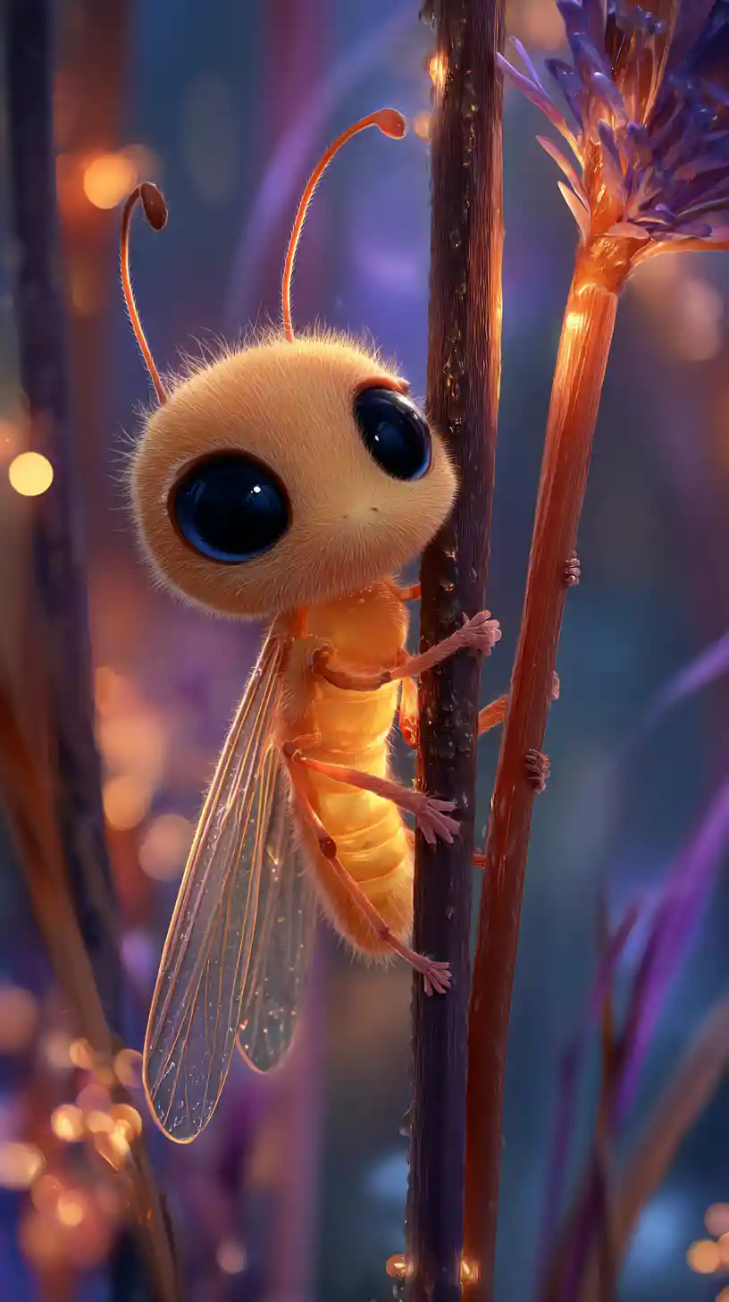 Cute glowing firefly on a reed in magical night scene