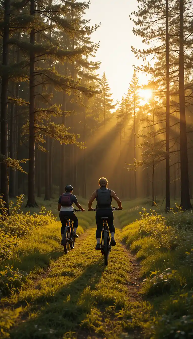 Cyclists on a forest path in warm sunrise light