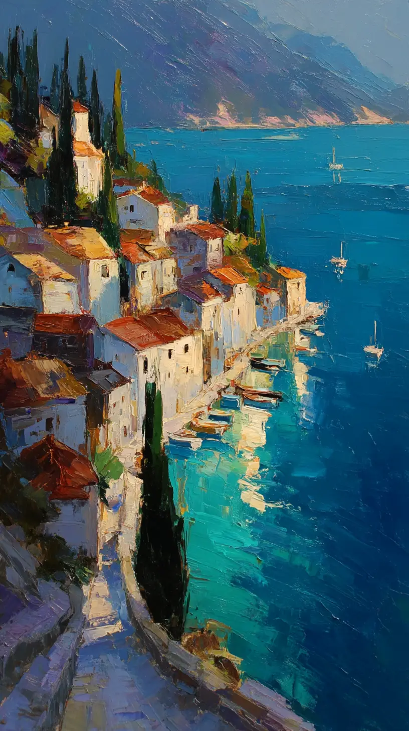 Impasto painting of a hillside coastal town above turquoise harbor