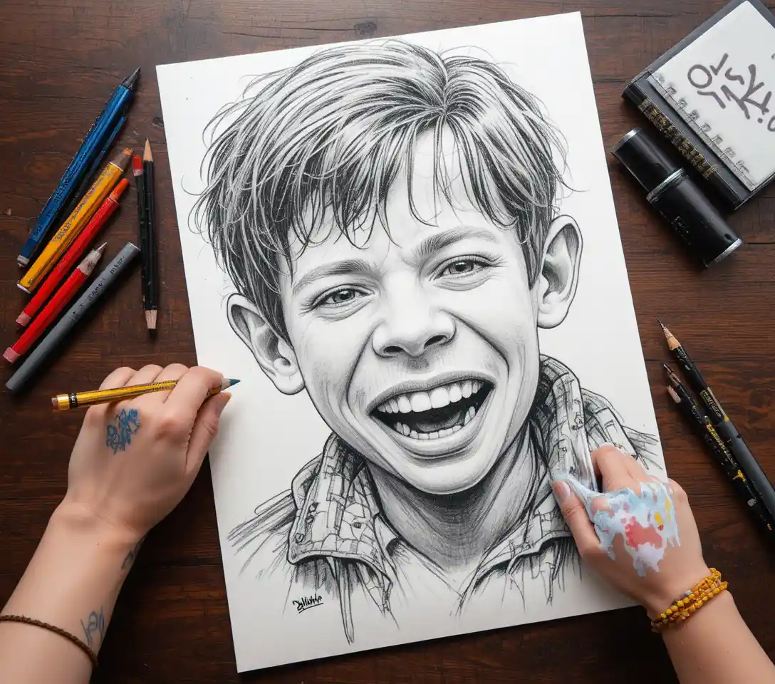 Realistic pencil portrait of a smiling boy reaching forward