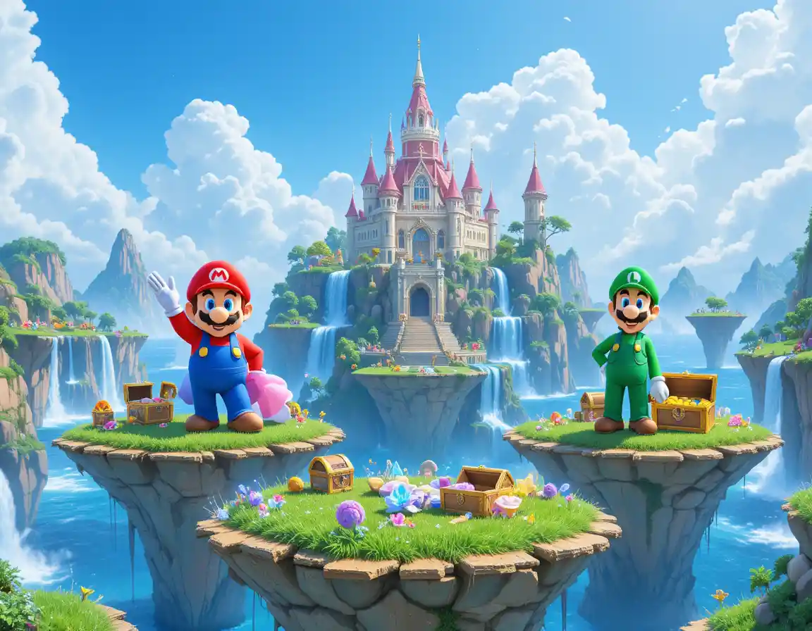 Joyful trio on lush floating islands in bright sky