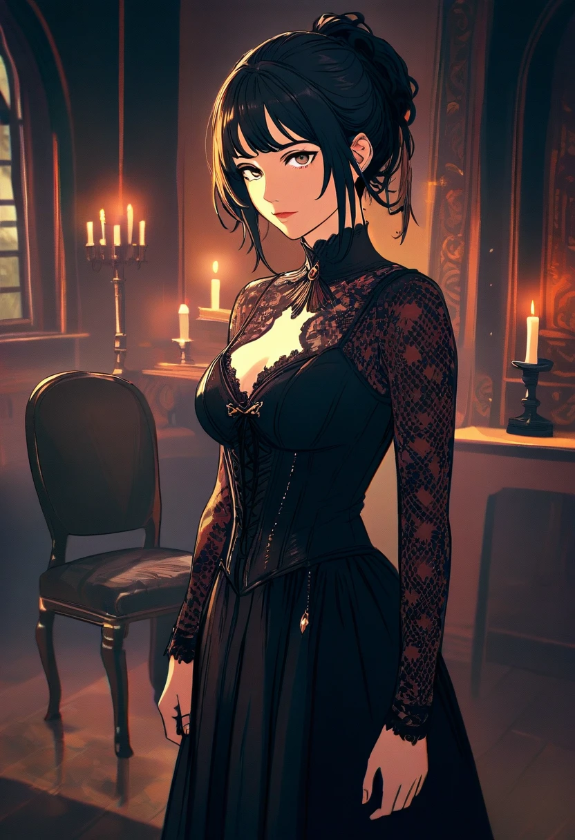 Elegant gothic woman in candlelit chamber portrait