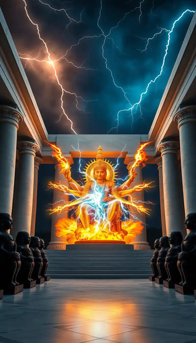 Fiery lightning deity seated on a marble throne