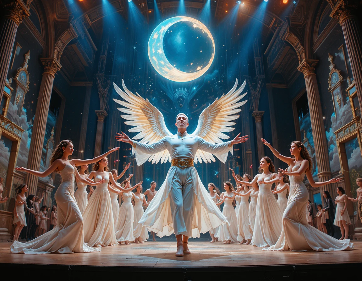 Angel like man on celestial stage with dancing women
