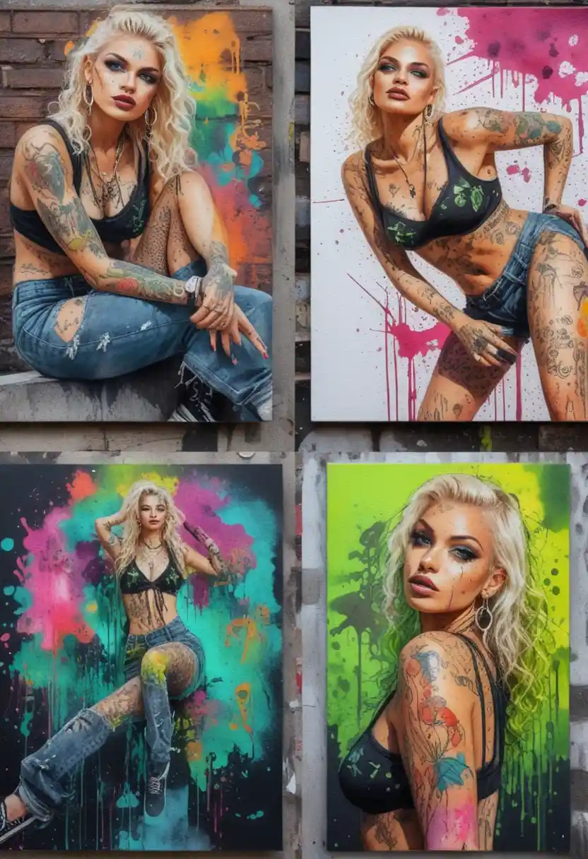 Artista di street art pin-up al neon che dipinge un murale mistico