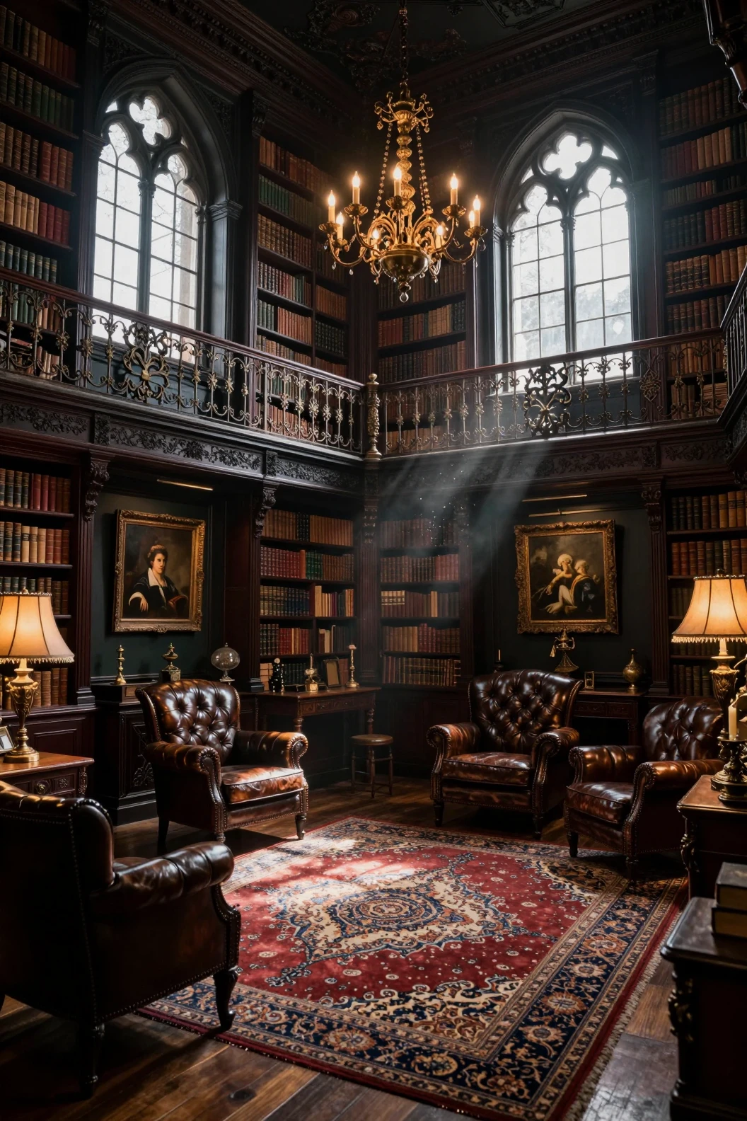 Grand gothic library interior with warm dramatic light