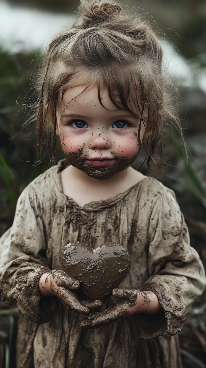 Playful chubby ogre toddler holding a squishy mud heart
