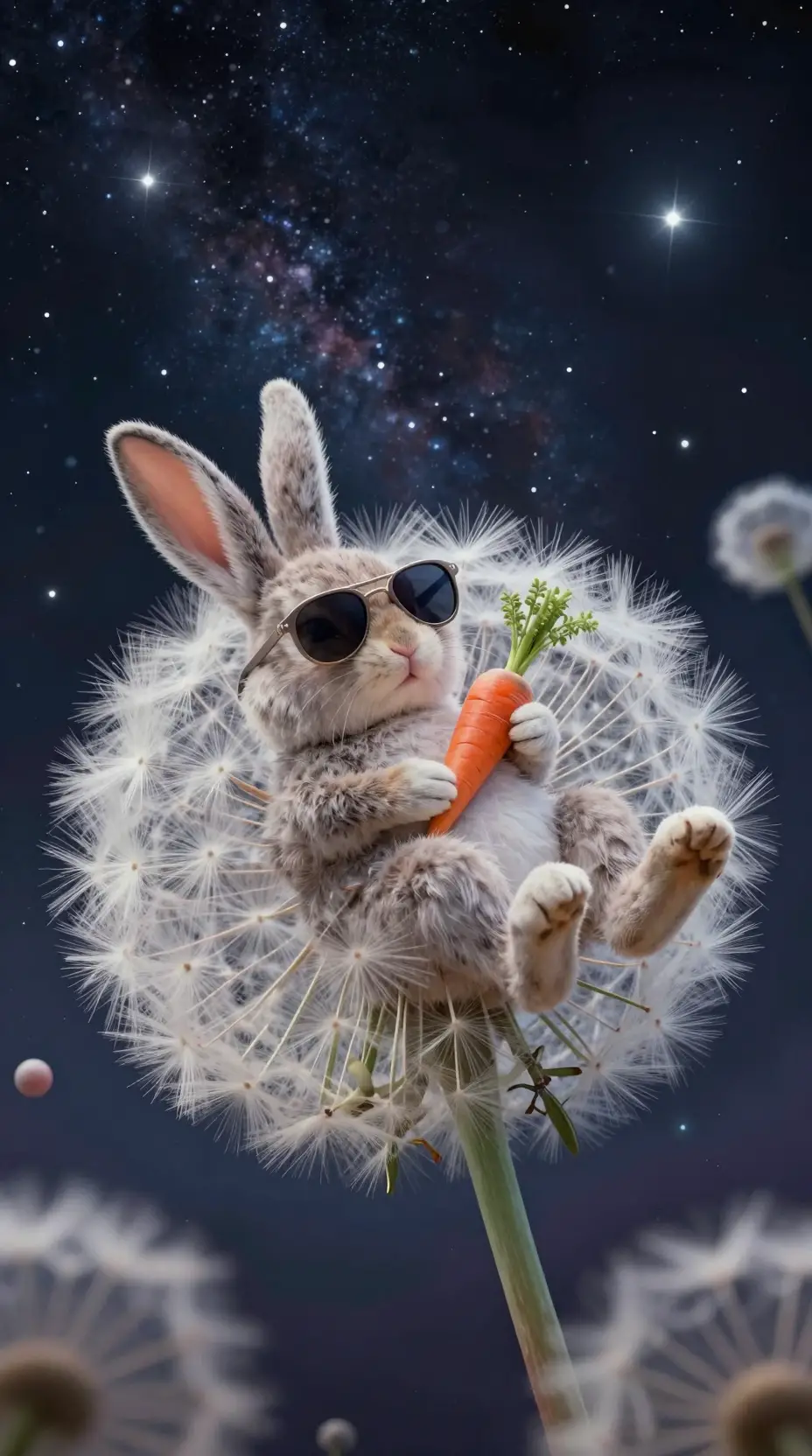 Easter Rabbit Resting On Dandelion In Cosmic Night