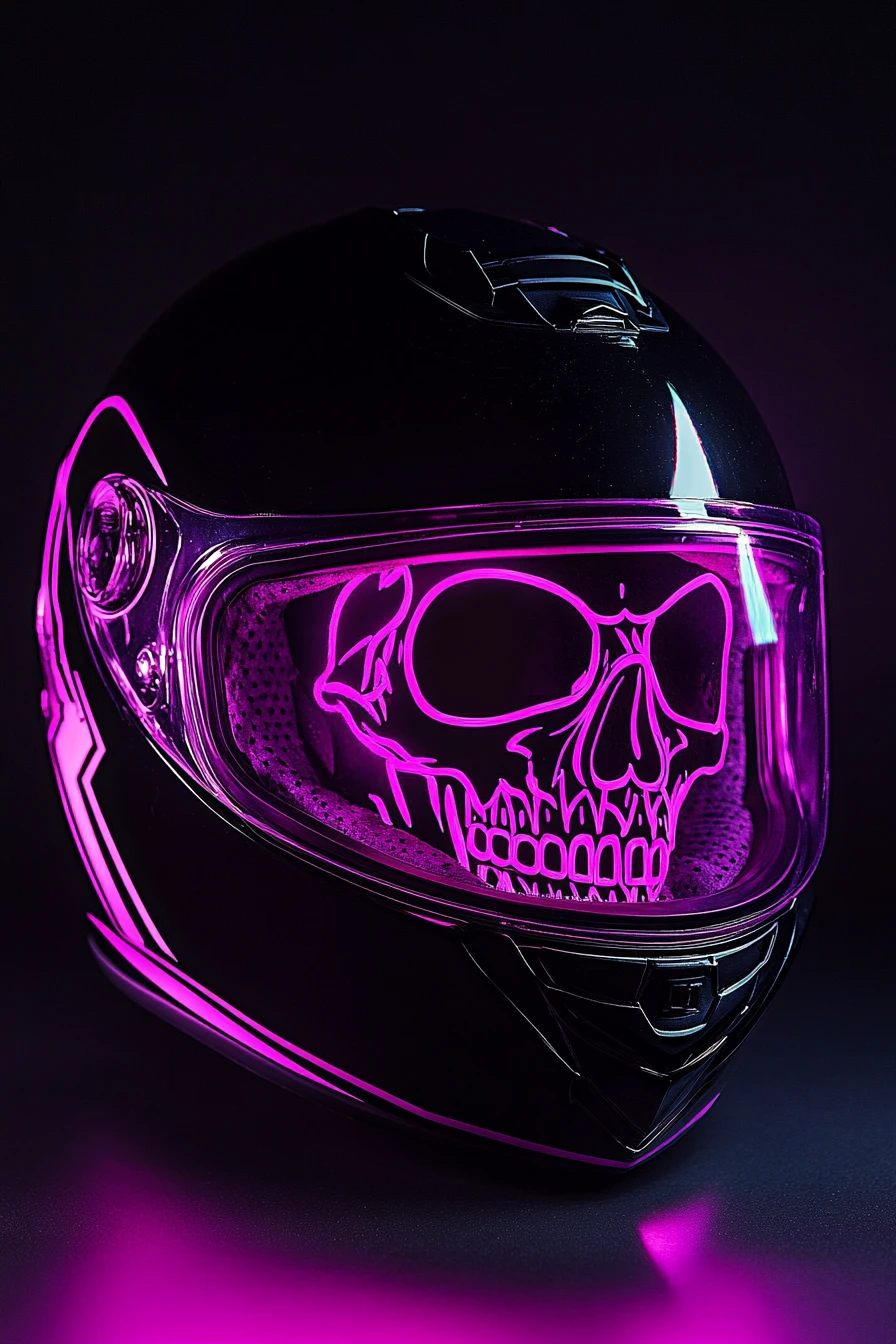 Casco da moto nero con teschio al neon magenta