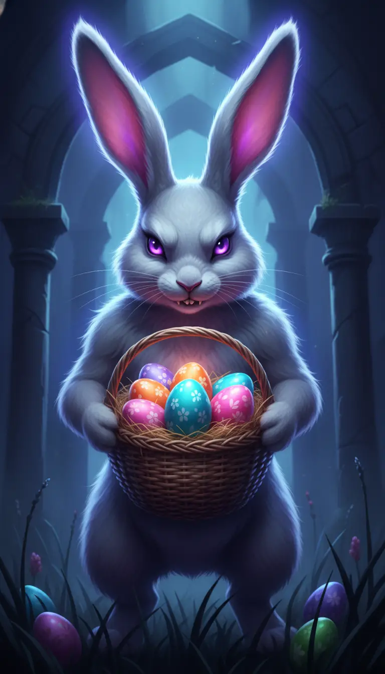 Sinister anthropomorphic rabbit with glowing eyes and Easter eggs