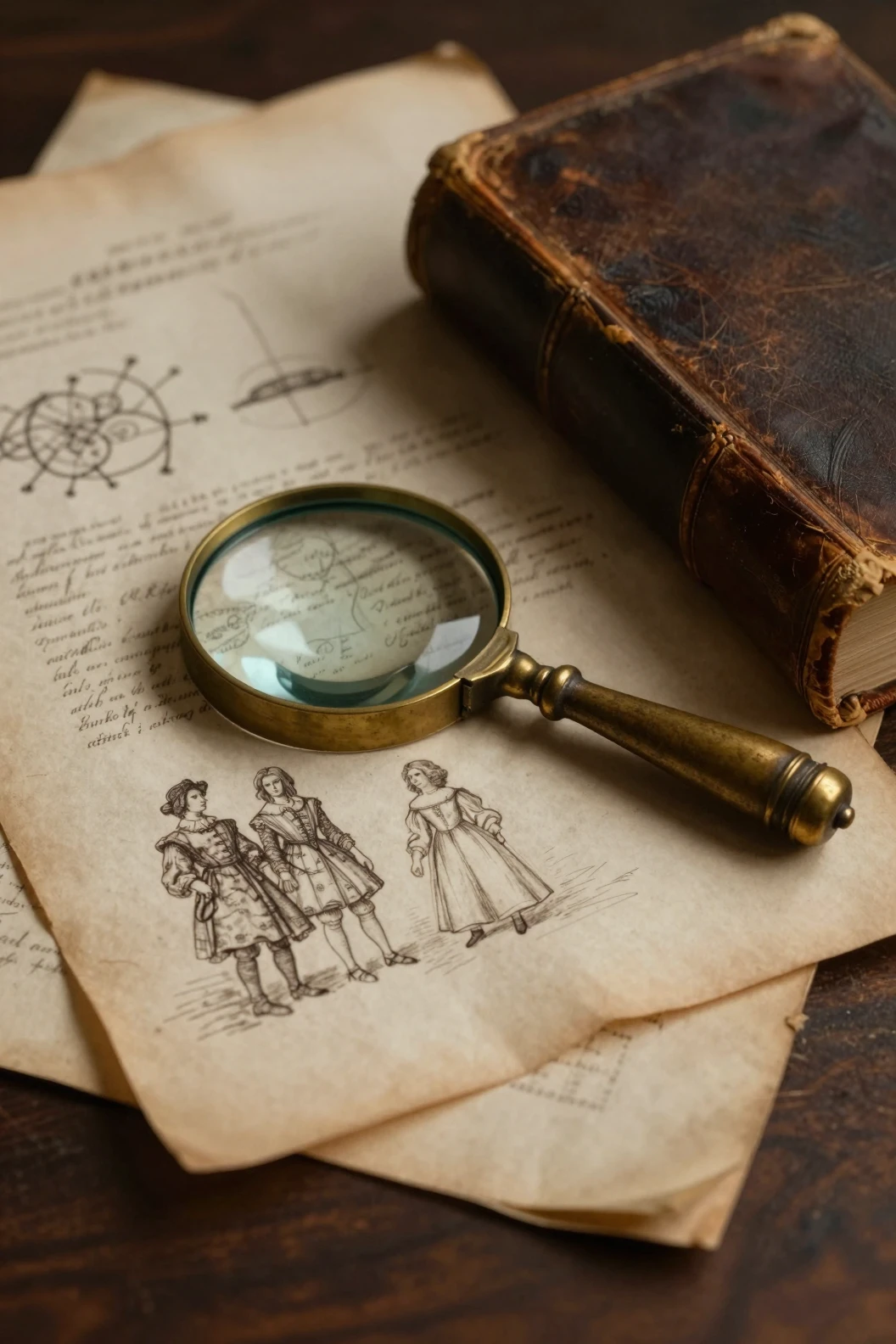 Antique magnifying glass and papers in dramatic still life