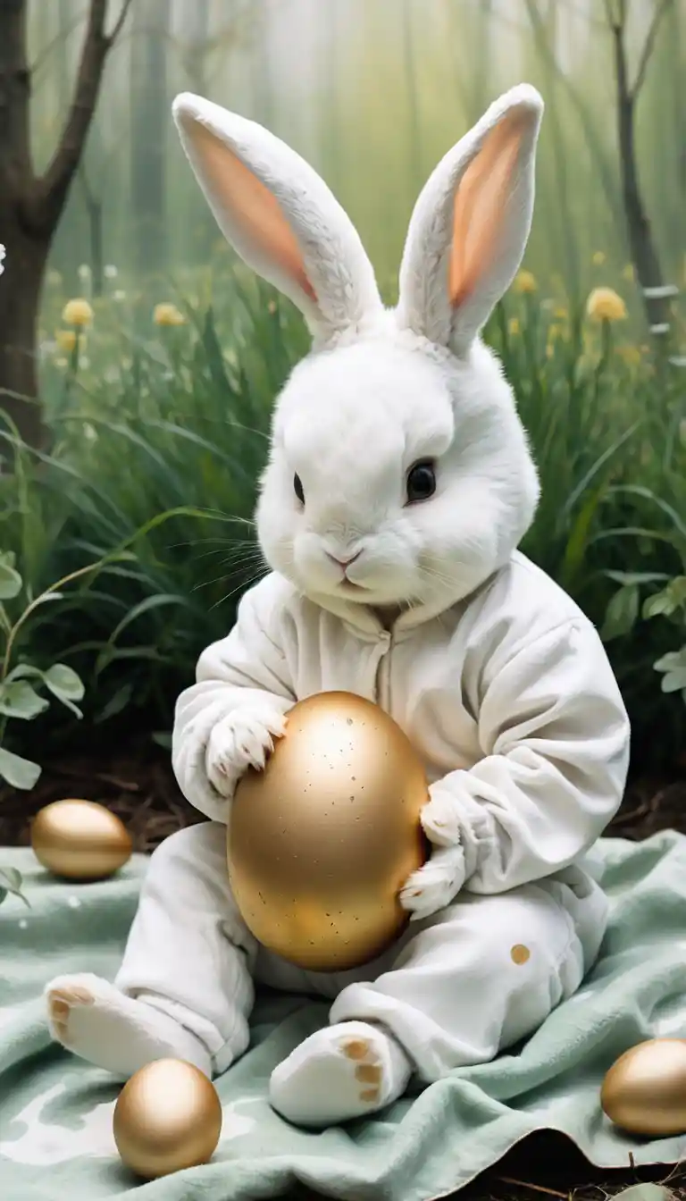 Baby In Bunny Suit Holding Golden Egg On Green Blanket