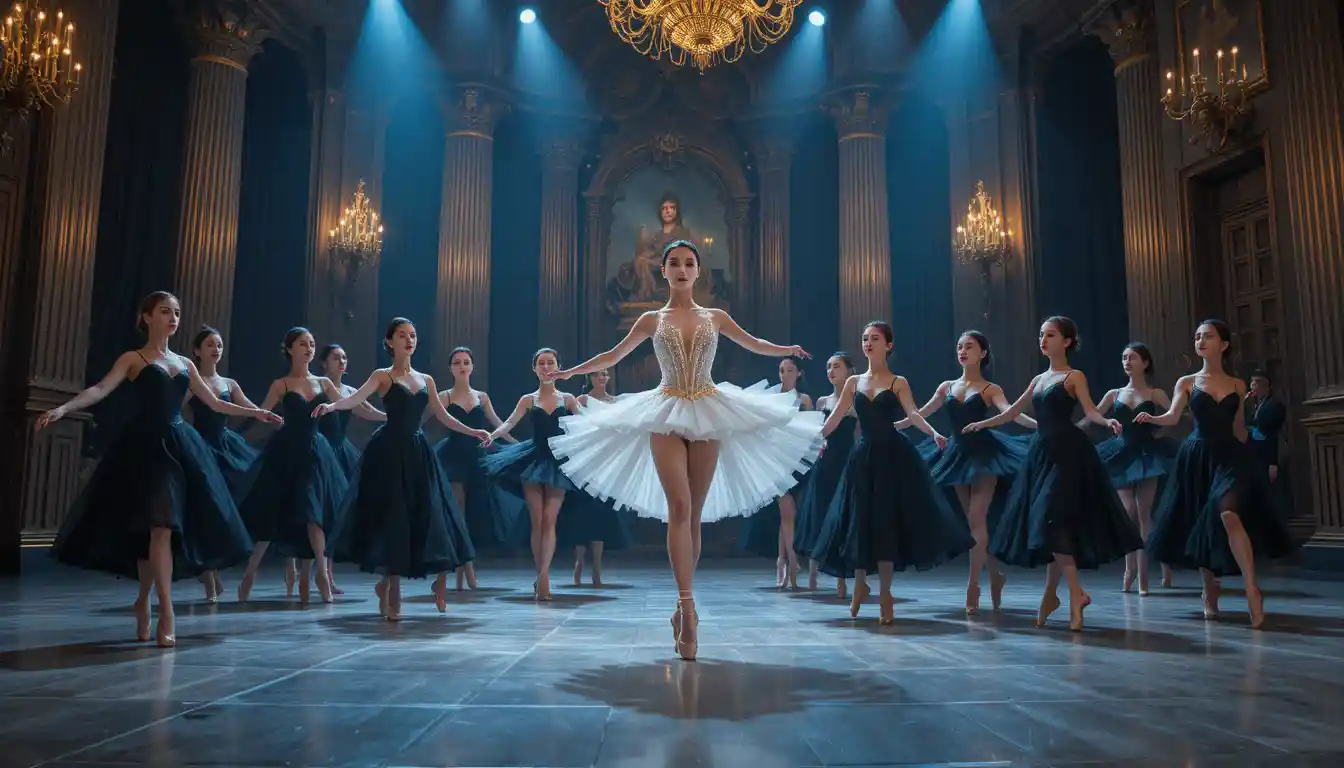 Ballerinas, die nachts auf einer großen Theaterbühne auftreten