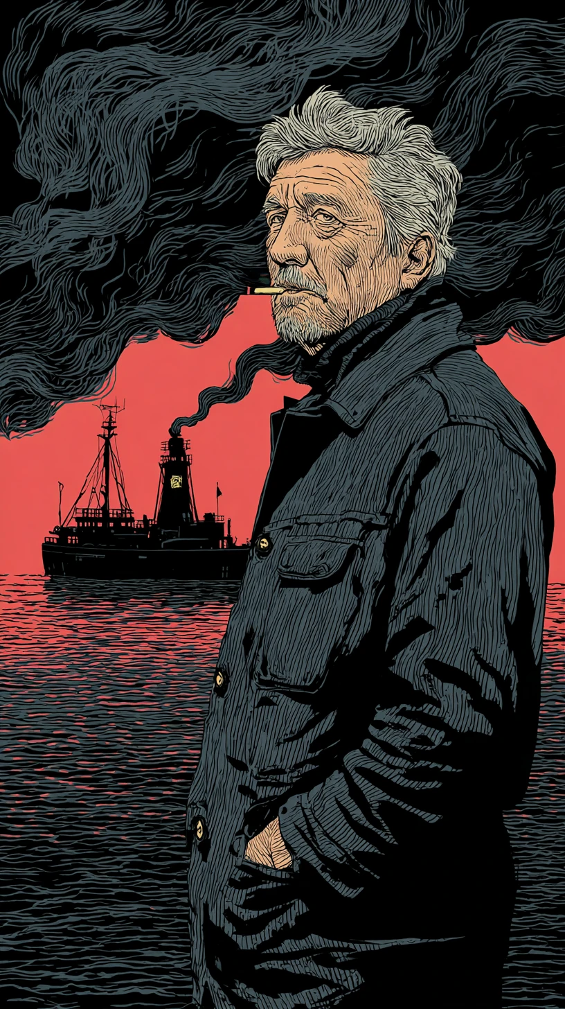 Elderly sailor on a foggy dock at twilight